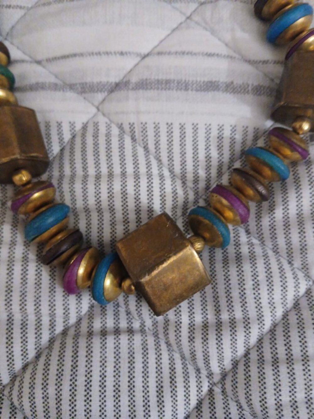 Vintage-Style Heavy Statement Choker Necklace – Brass Tone Turquoise & Purple